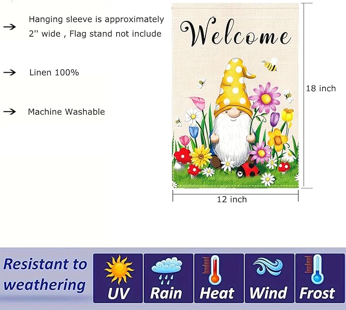 Spring Welcome Gnome Garden Flag 12 x 18 inch Double Sided Outside decorations,Flower Butterfly Small Garden Flags For Outdoor Yard Lawn