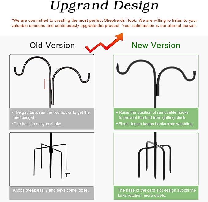 Gtongoko Double Shepherds Hook for Outdoor, 108 Inch Bird Feeder Pole with 5 Prongs Base, 5/8 Inch Thick Heavy Duty Adjustable Garden Hook for Hanging Plant, Lantern, Hummingbird Feeder, 1 Pack