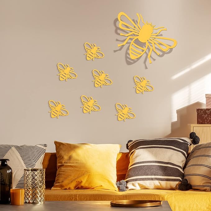 Yookeer 8 Pieces Wooden Bee Decor Wall Art Farmhouse Queen Bee Wall Sculpture Hanging Sign for Indoor Outdoor Garden Yard Lawn Decoration Spring Party Supplies(Gold)