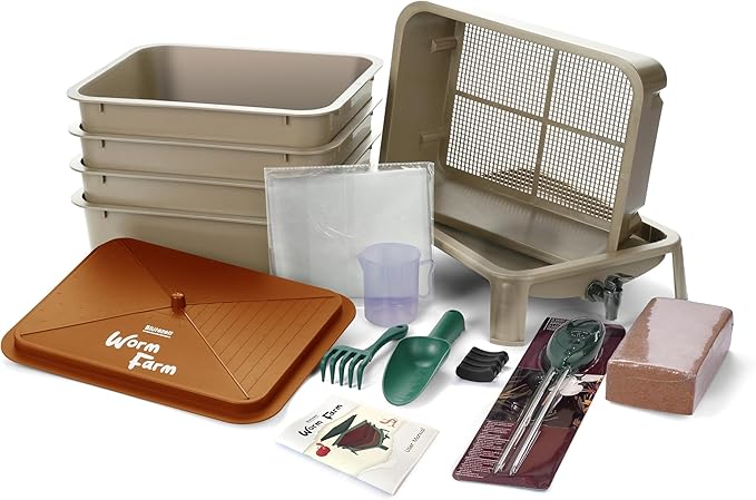 BlĂźtezeit 5-Tray Worm Compost Bin, 53QT Outdoor & Indoor Worm Composter with Worm Farm Starter Kits for Home & Kitchen Recycling Food Waste (Gold)
