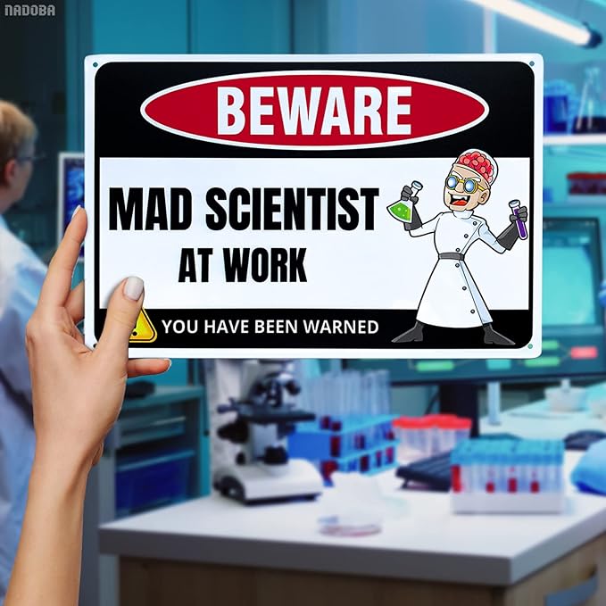 Mad Scientist at Work Desk Decor Tin Sign - Laboratory Posters for Wall - Metal Wall Decor - Science Gifts for Adults - Funny Science Classroom Decor - Party Decorations