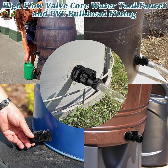 4 Pack Rain Barrel Spigot Kit, 3/4'' GHT Shut Off Valve with Bidirectional Thread Bulkhead Fitting, Plastic Garden Hose Faucet Adapter for Water Tanks, Rain Barrels & Containers
