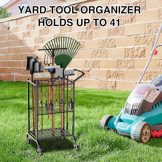 Garden Tool Organizer with Wheels, Yard Tool Tower Rack for Garage Organization and Storage, Up to 35 Long-Handled Tools,Metal Tool Holder with 6 Hooks, Black