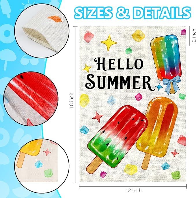 Summer Garden Flag 12x18 Inch, Popsicles Double Sided Small Burlap Flag for Yard Outdoor Decoration