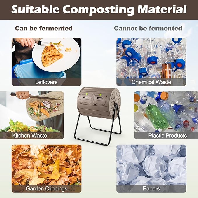 Goplus Compost Tumbler, 37.5 Gallon Large Outdoor Compost Bin w/Dual Chambers, 2 Lockable Doors, Efficient 360° Rotating Batch Composter for Garden Yard Farm Waste, Easy Assembly, BPA-Free (Coffee)