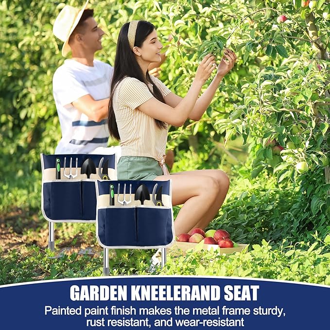 Foldable Garden Kneeler and Seat, Thicken & Widen Soft Pad for Kneeling and Sitting to Prevent Knee& Back Pain, Heavy Duty Garden Stool with 2 Large Tool Pouches, Gardening Gifts for Women Men Seniors