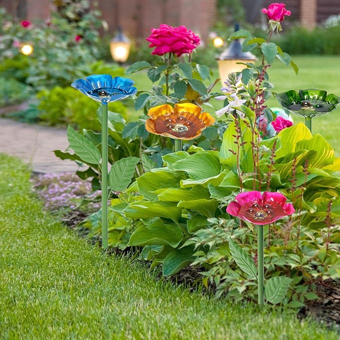Bee Watering Station for Garden β 4 Pack Metal Flower Bee Bath with Decorative Bee, Butterfly Watering Station Cups with Glass Marbles β Butterfly Feeder for Outdoor Yard, Pollinator Water Feeder