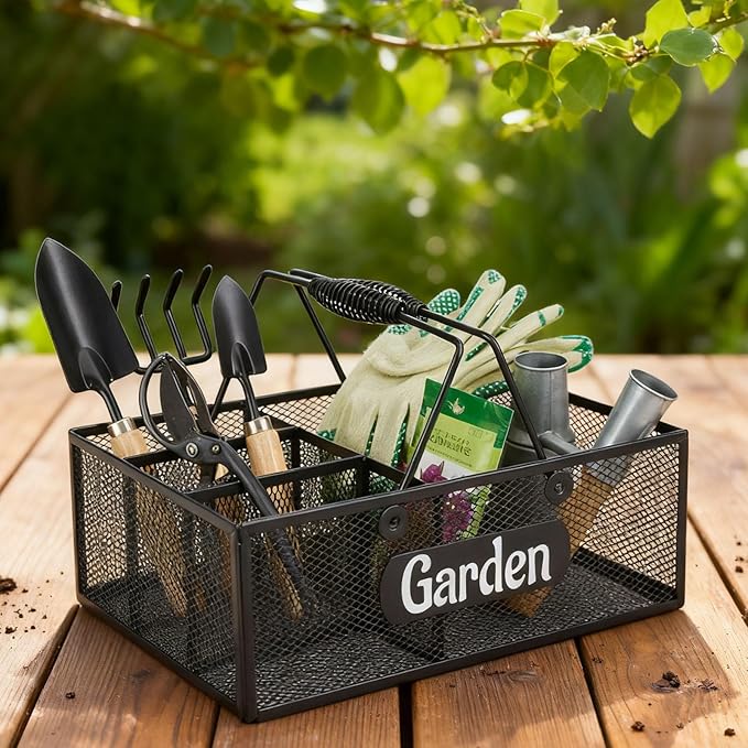 Garden Tool Storage, 4 Compartments Metal Mesh Garden Caddy, Portable Garden Basket with Handles, Gardening Tool Organizer for Indoor and Outdoor, Gardener Gift for Gardening Lovers, Black