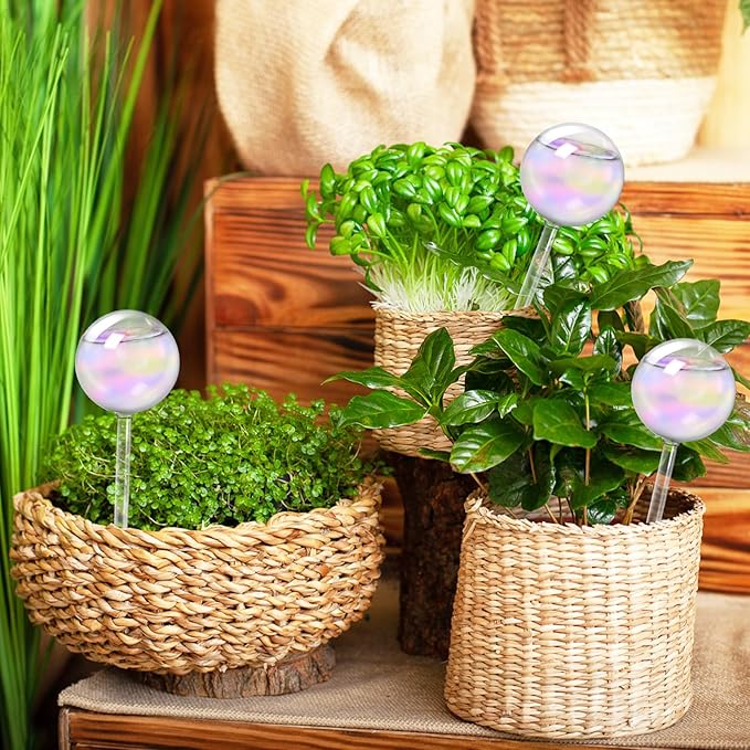 Bvrbaory 2 Pcs Iridescent Self Watering Globes,Rainbow Plant Watering Insert,Automatic Plant Waterer Glass Bulbs,Clear Glass Plant Water Globes for Indoor and Outdoor