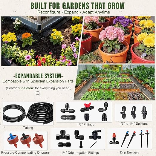 Push-to-Connect Drip Irrigation System Adjustable Irrigation System for Garden Raised Bed Automatic Plant Watering System Complete Drip Irrigation Kit with Drip Emitters, Tubing, Connectors