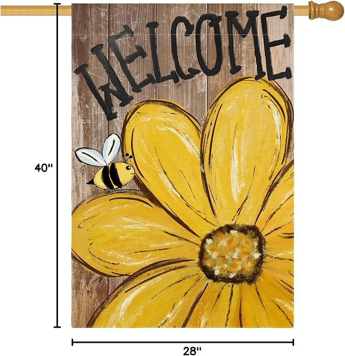 AVOIN colorlife Bee Sunflower Spring Summer House Flag 28x40 Inch Double Sided Outside, Welcome Wood Grain Yard Outdoor Flag