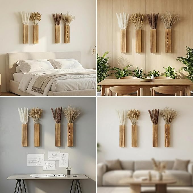 Sawoake 4-Piece Wooden Hanging Wall Vase Set with Pampas Grass and Eucalyptus Dried Flowers, Modern Farmhouse Home Decor for Living Room Entryway Bathroom Hallway Dining Room(Brown)