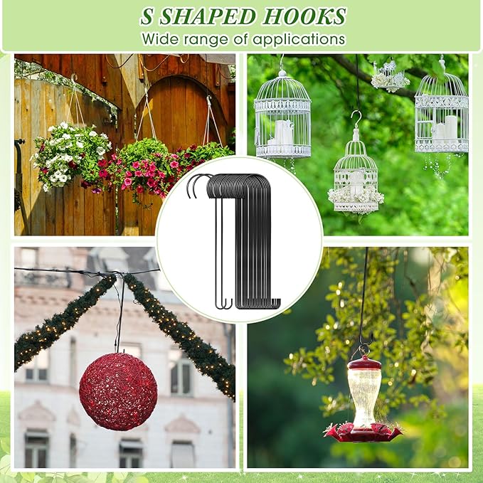 24 Pack 24 Inch Long S Hooks for Hanging Plants, Heavy Duty Metal Tree Branch Hangers Extenders for Bird Feeders Flower Baskets Wind Chimes Black Vinyl Coated Garden Hook
