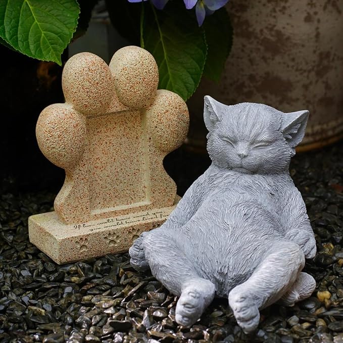 Cat Memorial Stone Garden Statue, Pet Statue Gifts for Loss of Cat Sympathy, Grave Markers for Garden Outdoor Decor, 9.8” L Weatherproof Lazy Tabby Figurine, Outdoor Patio Accent Yard Decoration