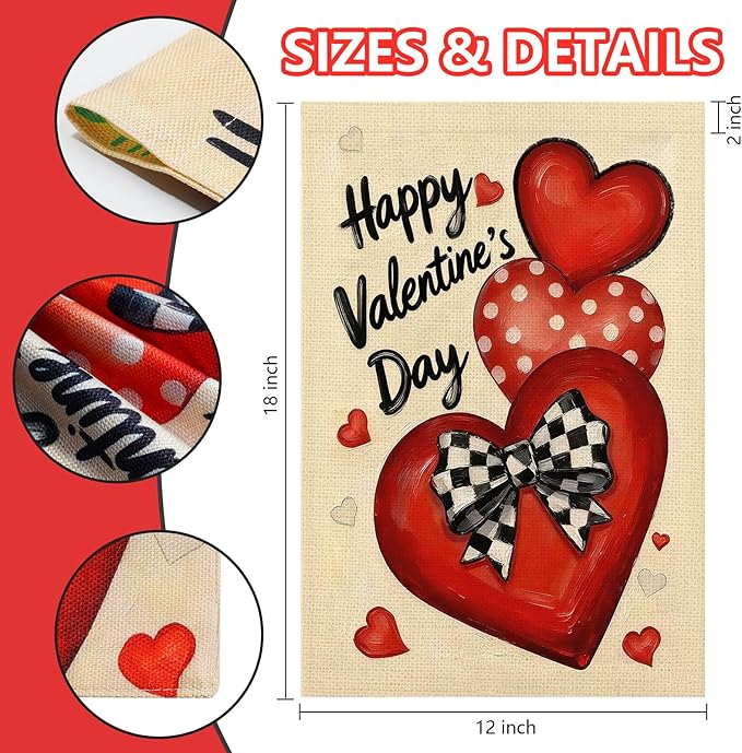 Valentines Day Garden Flag 12x18 Inch Love Heart Double Sided Flag for Anniversary Wedding Yard Outdoor Decoration