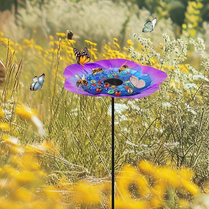 Butterfly Feeder - Outdoor Butterfly Puddler,Bee Cups for Garden with Coloured Glass Stone,garden decor for butterfly feeders for outdoors,Bee Watering Station(Blue/Purple)
