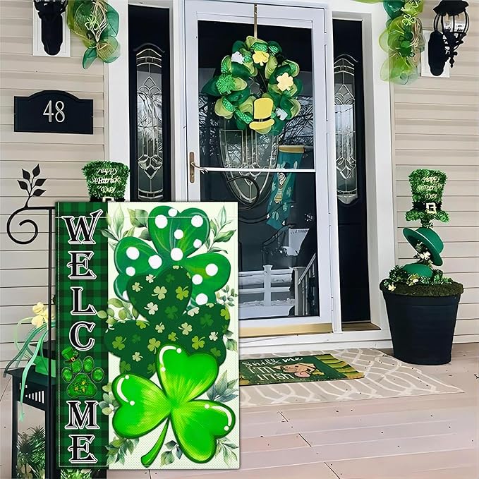 St Patricks Day Garden Flag Shamrock Lucky Irish Blessing Garden Flag Happy St Patrick's Day Yard Decor Garden Flags for Outside 12×18 Inch Double Sided Outdoor House Holiday Decorations