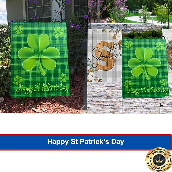 Happy St Patricks Day Shamrock Garden Flags 12x18- Patricks Yard Flag Double Sided Buffalo Check Plaid Small Green Banners for Holiday Outside Lawn Decoration