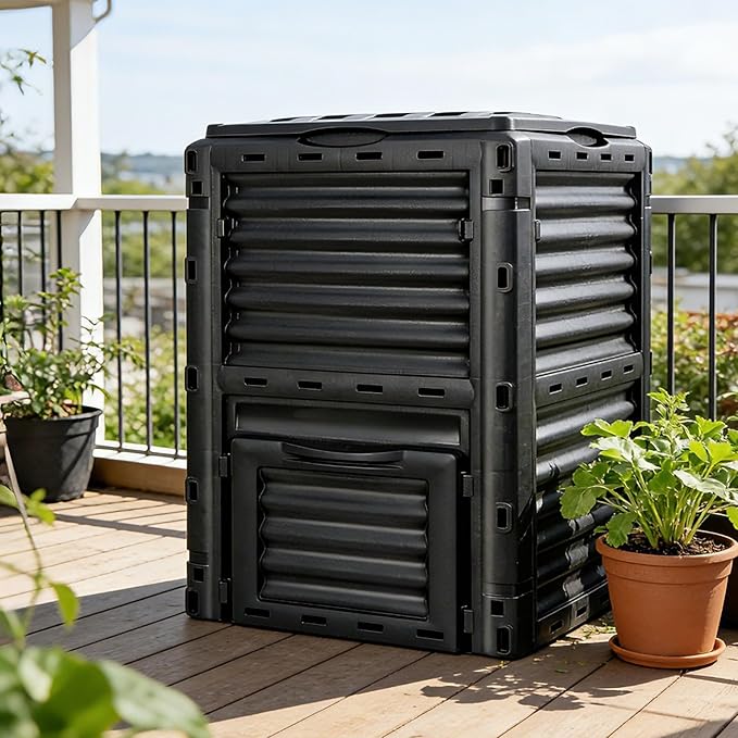 F2C Compost Bin 80 Gallon,Includes Gloves, Large Compost Bin w/Top Flip Latch-on Lid, Bottom Exit Door Aerating Outdoor Garden Compost Box,BPA Free Material for Backyard Outdoor, Black