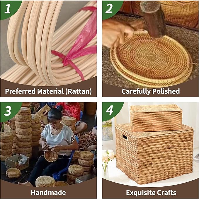 Handwoven Rattan Picnic Basket Sturdy Handles, Round Storage Organizer for Camping, Wedding, Home, Kitchen(11"×11"×4")