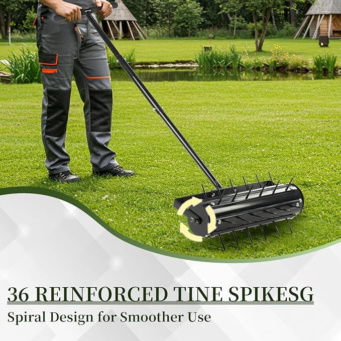 VINGLI Rolling Lawn Aerator with T-Shaped Handle, 17 inch Manual Aerator Tool, Lawn Aerator Spike Tool with 36 Spikes for Garden Yard Soil Health Maintaining, Black