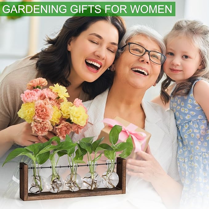 YIBOT Wall Hanging Glass Planter Plant Propagation Vase for Indoor Home Office Living Room Decor Gifts, Plant Terrarium with Wooden Stand-5 Bulb Glass Vases