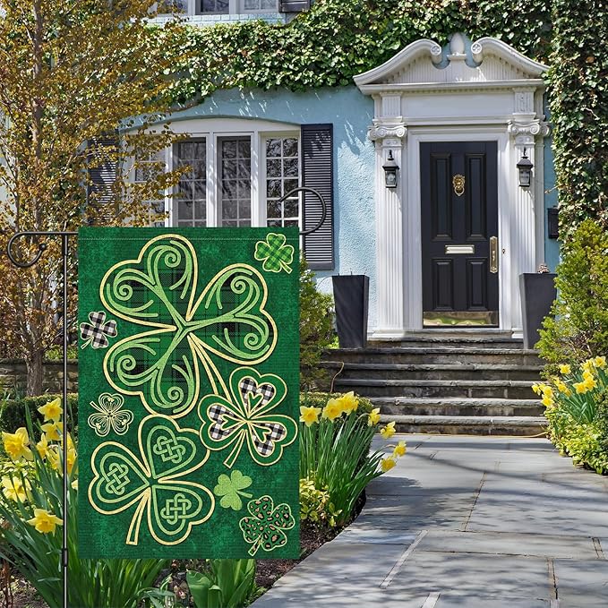 Louise Maelys Welcome St. Patrick's Day Garden Flag 12x18 Double Sided Vertical, Burlap Spring Small Lucky Shamrock Clover Yard Banner Sign Buffalo Plaid Home Outside Outdoor Decor