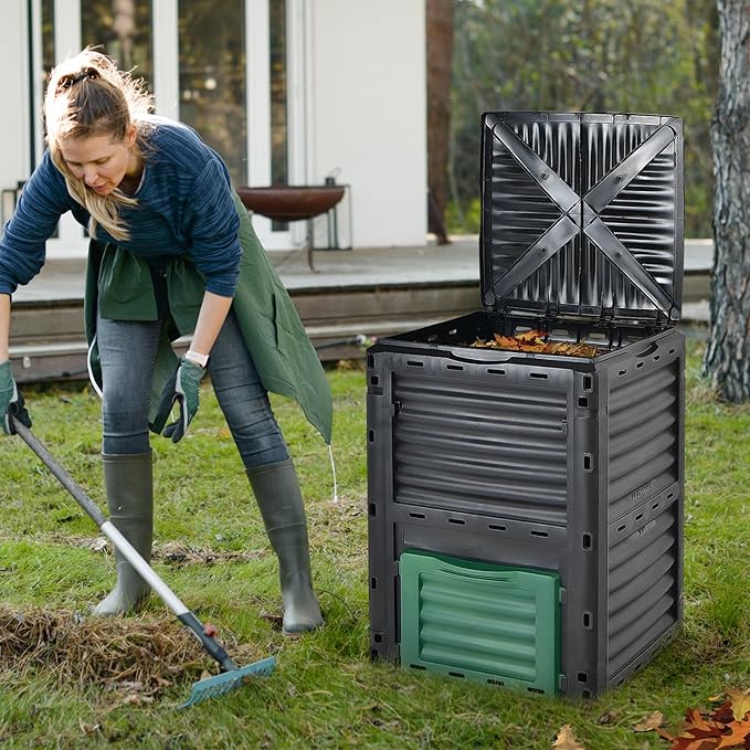 Compost Bin Outdoor, 80 Gallon Garden Compost Bin with Top Lid & Bottom Door, Aerating Outdoor Compost Box Waste Container Barrel Fertilizer for Garden & Yard (Black & Green)