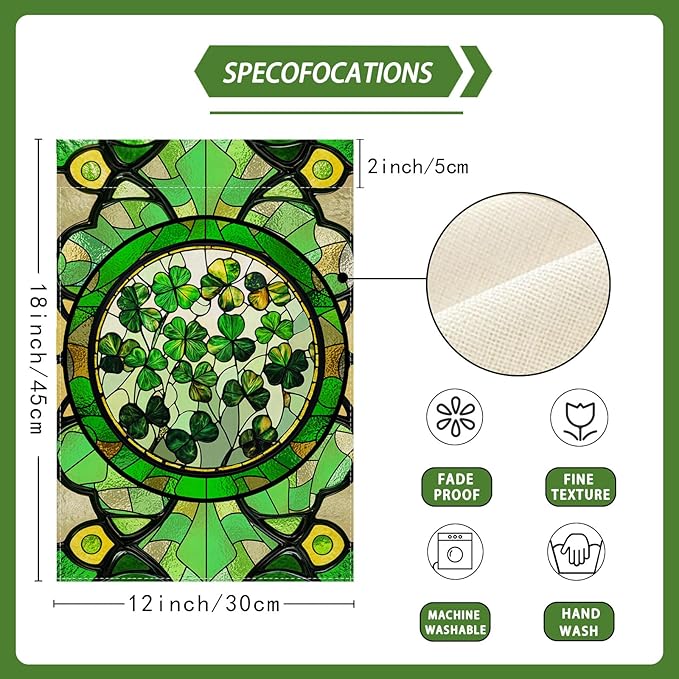 Green Shamrocks Clovers Stained Glass St. Patrick's Day Garden Flag 12x18 Inch Double Sided Small Mini Yard Flag Outdoor Outside Holiday Party Decoration
