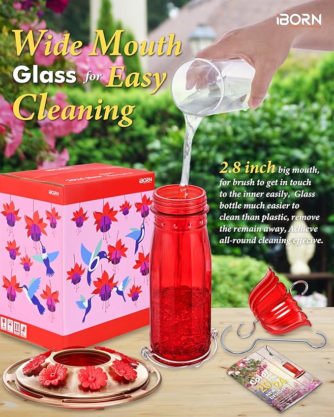 iBorn Glass Hummingbird Feeder for Outdoors Hanging Ant and Bee Proof Ant Moat for Hummingbird Feeder 8 Ports for 16oz Hummingbird Nectar,Brushed Copper Base Red Glass, Pack of 1, 2024 New