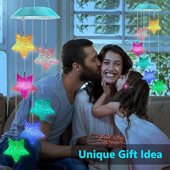 Solar Star Gift for Mom Grandma Girls, Color Changing Solar Wind Chimes for Outside, LED Outdoor Decorative Mobile Lights for Garden, Yard, Patio, Window, Party, Outdoor Decorations