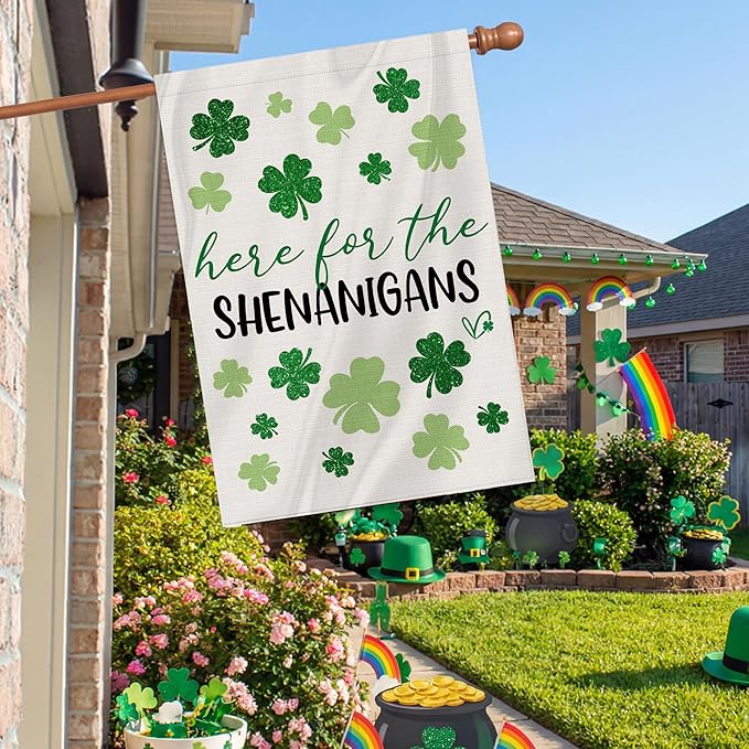 St Patricks Day Flag 28x40 Inch Double Sided Outside, Here For The Shenanigans Shamrocks Clovers Burlap Flag Decorations Outdoor Yard Decor
