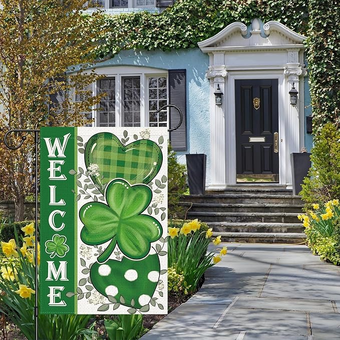 LosFong Welcome St Patricks Day Garden Flag 12x18 Inch Double Sided Lucky Clovers Shamrocks Small Yard Flag for Outside Decoration