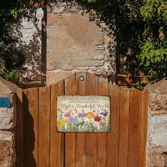 Gardening Sign What A Wonderful World Vintage Flower Tin Plate Sign for Outdoor Garden Greenhouse Yard 8x12 Inch