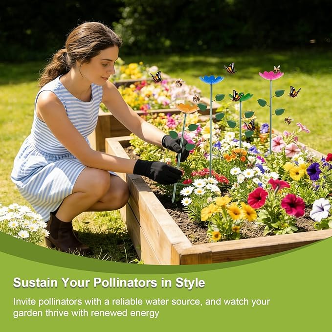 Bee Watering Station with Larger Capacity, 4 Pack Colorful Bee Water Feeder, Durable Metal Butterfly Bee Baths for Garden, Bee Cups with Flower Design for Outdoor Garden Decor