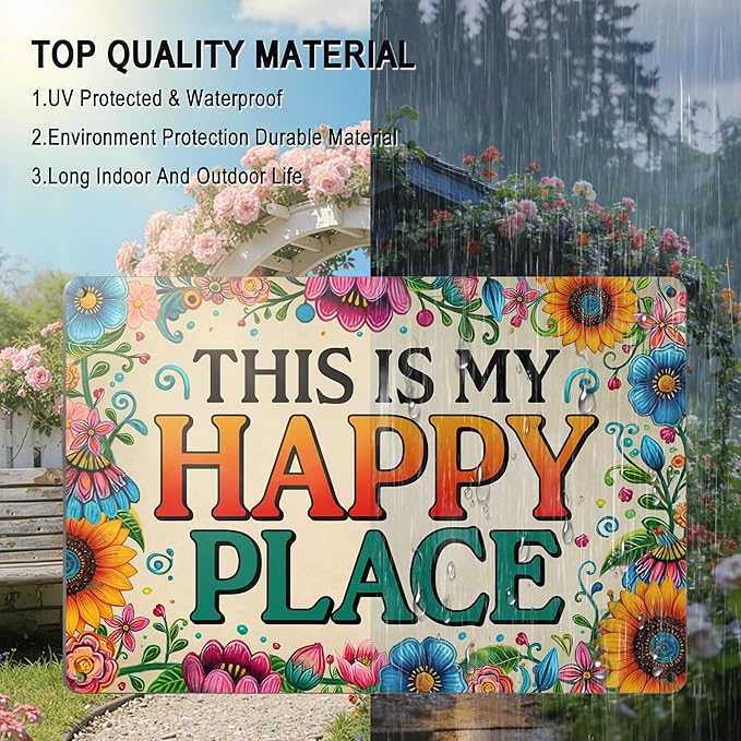 Garden Decor Welcome Sign for Patio She Shed Decor - Outdoor Wall Decor Art Garden Signs, This Is My Happy Place Welcome Door Sign 12x8 Inch