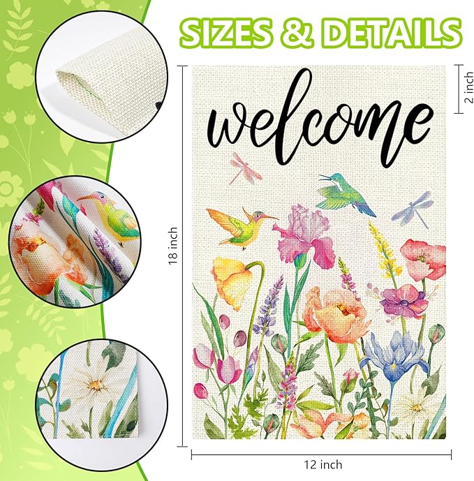Spring Summer Garden Flag 12x18 Inch, Double Sided Colorful Flowers Birds Dragonflies Flag, Seasonal Yard Outdoor Decoration