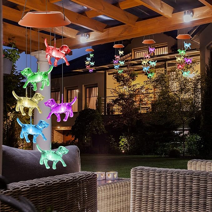 Dog Wind Chimes Solar Powered Wind Chime Outdoor Dog Remembrance Gifts Color Changing Solar Mobile Hanging Solar Wind Chimes Garden Gift for Grandma Yard Decor