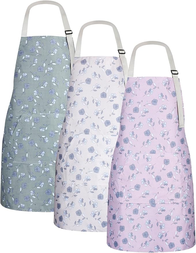 3 Pack Waterproof Floral Aprons for Women, Adjustable Strap Apronwith Pocket Multi-Use for Kitchen, Art, Garden