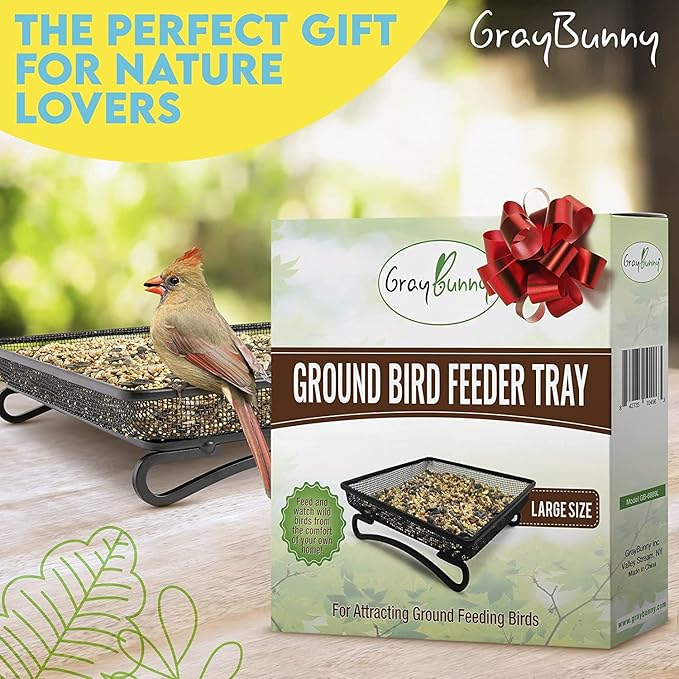 Gray Bunny Ground Bird Feeder Tray - Metal Platform Mesh Seed Tray for Standing Bird Feeders - Great Attracting Garden Yard Decoration for Wild Birds Squirrels Dove Cardinal Blue Jay Crows (11x11in)