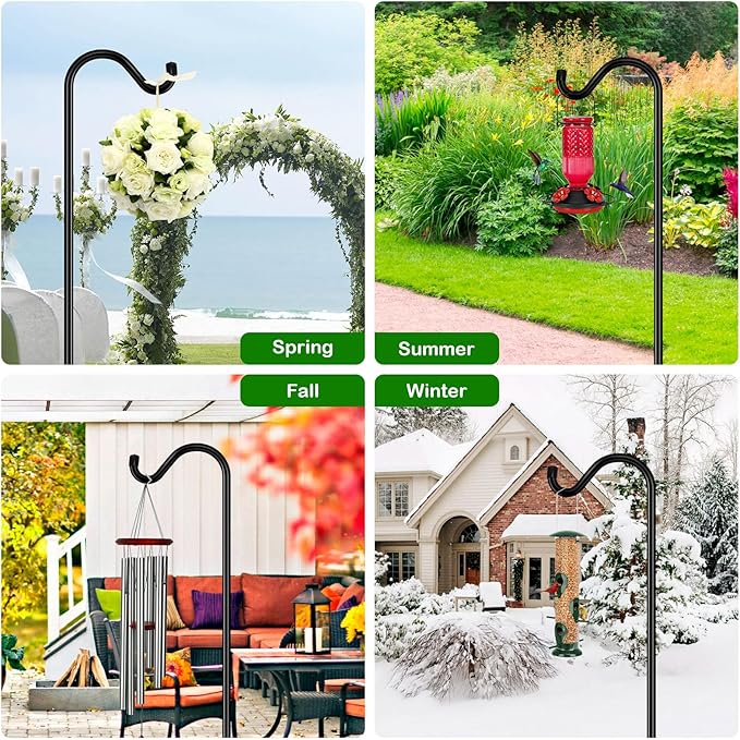 FEED GARDEN Adjustable Shepherd Hook Bird Feeder Pole with 7 Prongs Base, 108 Inch Tall 5/8 Inch Thick, Heavy Duty Outdoor Garden Poles for Hanging Bird Feeders, Plant Baskets, Black (1 Pack)