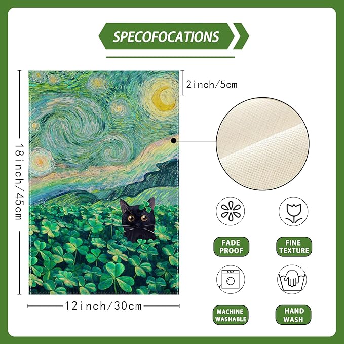 Shamrocks Clovers Cat Oil Painting Starry Night Sky Moon St. Patrick's Day Garden Flag 12x18 Inch Double Sided Small Mini Yard Flag Outdoor Outside Holiday Party Decoration