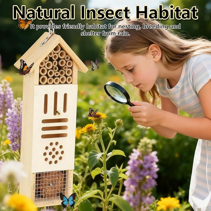 Wooden Insect House, Bee House with Metal Stake for Garden, Natural Ladbugs Habitat & Butterfly Hotel on The Ground or Hanging on Tree Wall (Pine, 3.34'' x 2.56'' x 11.8'', 11.8'' H Stake)