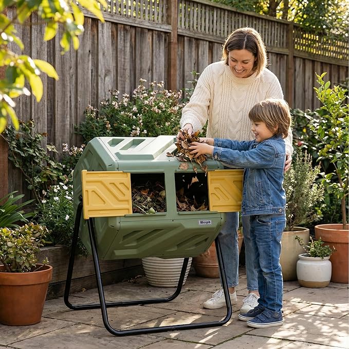 Updated 43 Gallon Dual-Chamber Compost Bin, Fast Assembly Outdoor Compost Tumbler, Rotating Batch Composter Bin with Gloves for Garden, Kitchen, and Yard