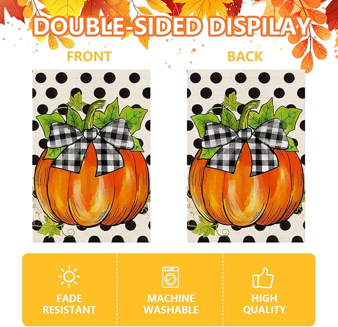 Hello Fall Pumpkin Garden Flag 12x18 Inch, Double Sided Autumn Thanksgiving Holiday Burlap Yard Flag for Outdoor Decoration