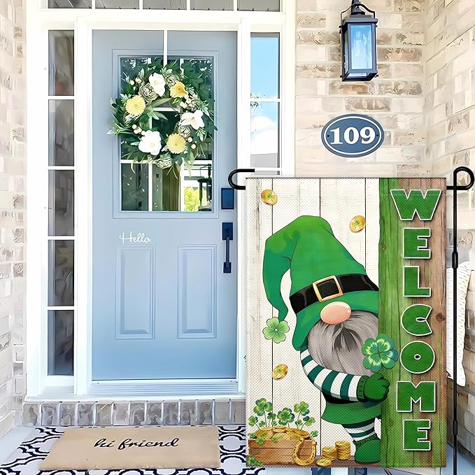 St. Patrick's Day Garden Flags for Outside 12x18 Inch Double Sided, 3 Ply Fabric Small Happy Lucky Clover Gold Coin Pot Gnome St Patricks Day Garden Flags for Outdoor Holiday Lawn Indoor Yard Welcome Sign Decoration