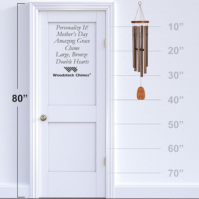 Woodstock Wind Chimes Personalized Amazing Grace Memorial Chime for Outside 40'' Large Bronze Customized Double Heart Bronze Wind Chime for Outdoor Patio Home Garden Décor & Wedding Gift (P-AGLBR15)