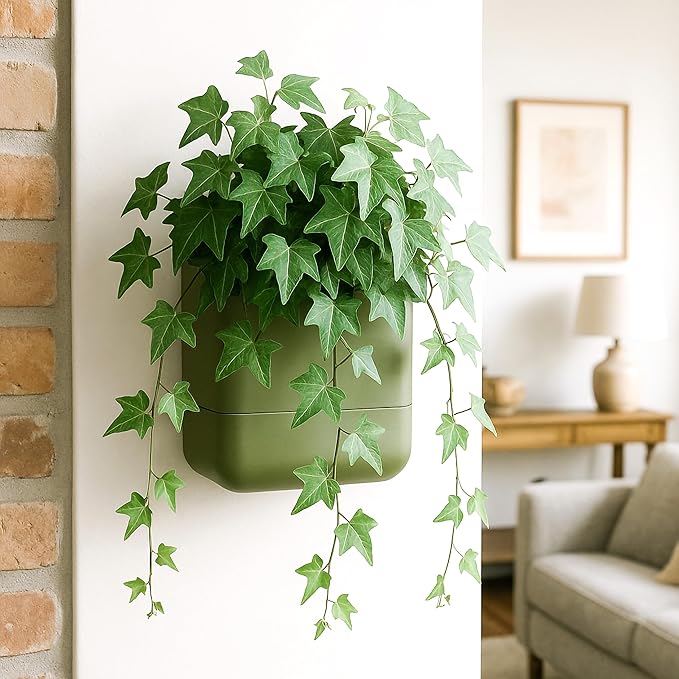 Phoenix Vine 6.5-Inch Wall Mounted Self-Watering Planter Pot for Indoor Houseplants and Herbs | Hanging Planter for Window Sills, Bathroom Walls, Home & Office Décor, Olive, Set of 2, 01-WP-C-2