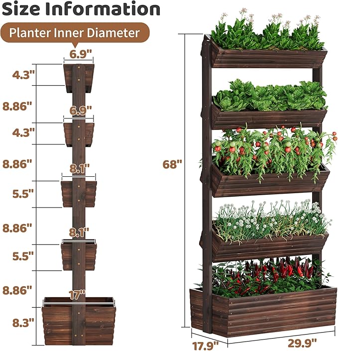 FILWH Wooden Raised Garden Bed Vertical Planter Box, Freestanding Plant Stand for Indoor Outdoor Plants, Herbs, Flowers, Vegetables, Gardening (Carbonized, 5-Tier,29.9 x 17.9 x 68in)