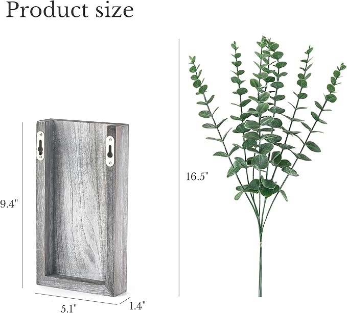 Dahey 2 Pack Wood Wall Planter Vase with Artificial Eucalyptus Farmhouse Wall Hanging Decor Pocket Planter for Indoor Fake Plants Greenery, Living Room Bedroom Kitchen Home Office Decoration, Grey
